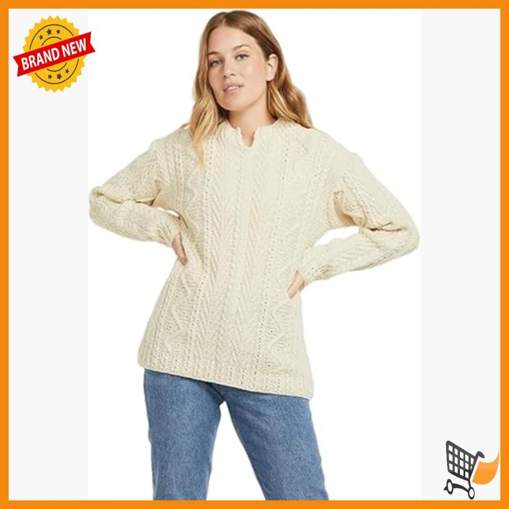100% Merino Wool Keyhole Sweater Long Sleeve Pullover Cable Knit Ruffled